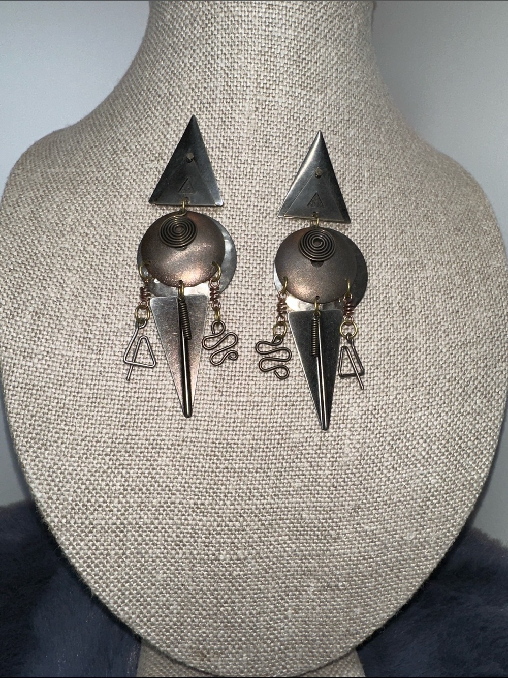 Antique Bronze Geometric 4 1/2” Long Drop Earrings - Sculptural Tribal Style